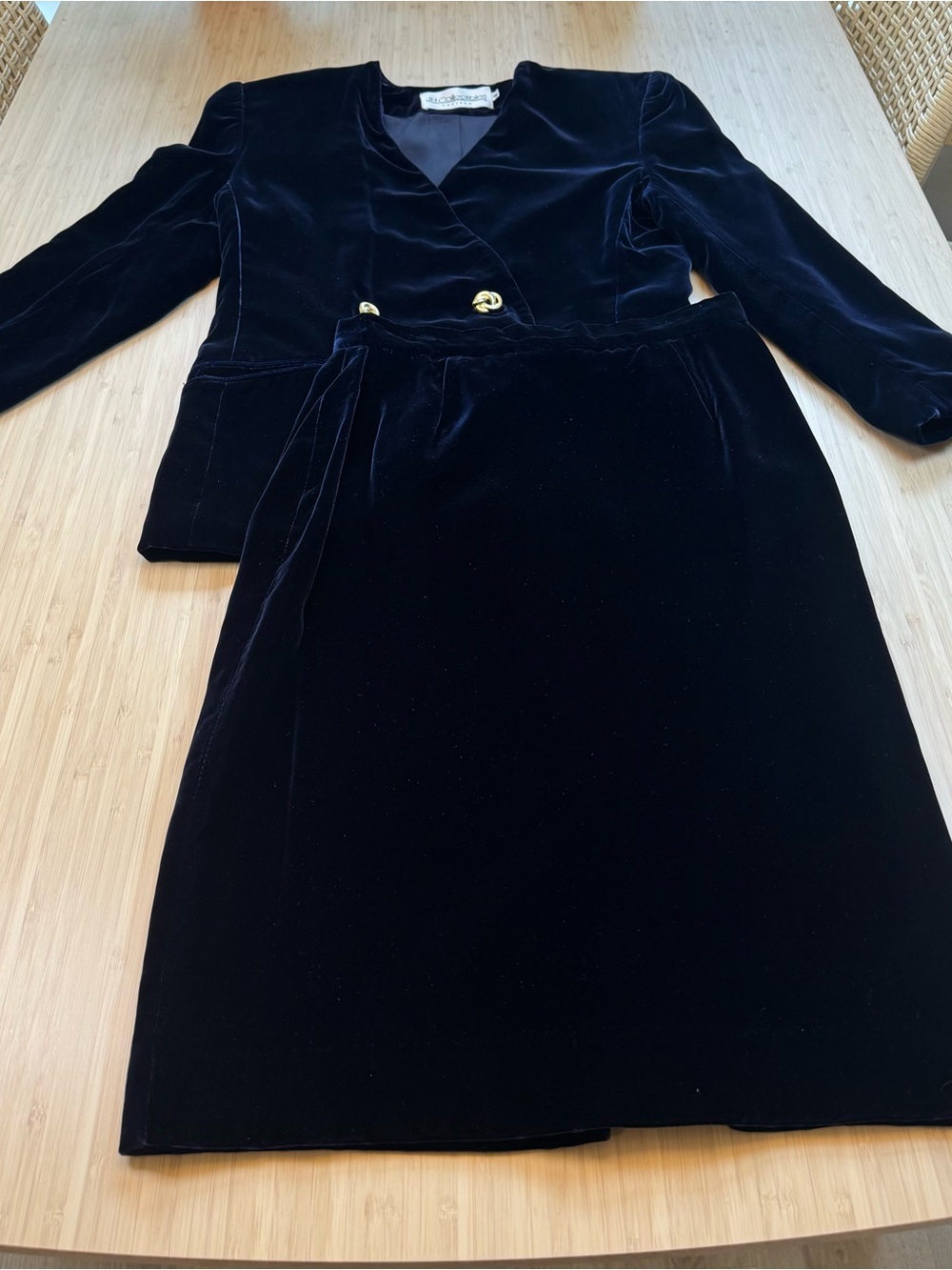 Vintage JH Collectibles Navy Blue Velvet Double Breasted Collarless Skirt Suit